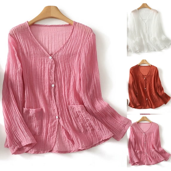Pxxlle Long Sleeve Shirts for Women Cotton Linen Button Down Shirts Loose Fit V Neck Tops with Pockets Pink XXL
