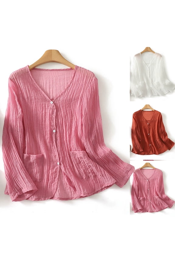 Long Sleeve Shirts for Women Cotton Linen Button Down Shirts Loose Fit V Neck Tops with Pockets White XXL