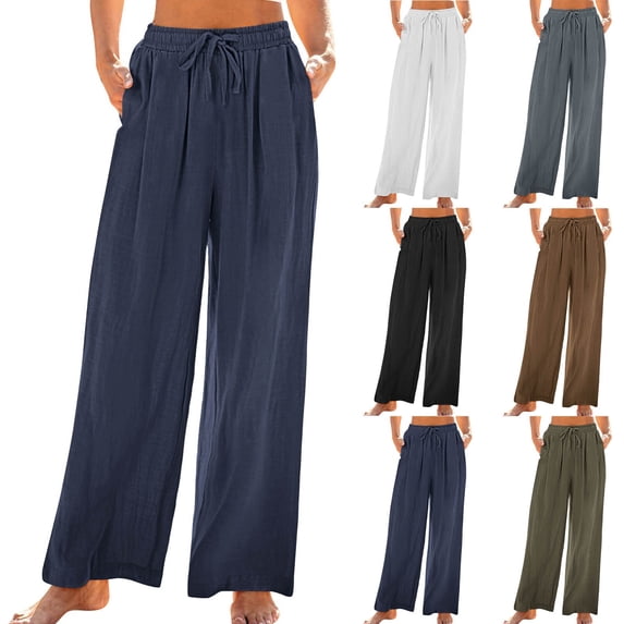 Pxxlle Loose Fit Linen Pants Women Plus Size Wide Leg Pant with Pocket Summer Vacation Casual Drawstring High Waisted Trousers Gray XXL