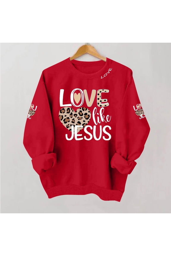 Love Like Jesus Sweatshirts Women Oversized Long Sleeve Sweatshirt Cute Heart Graphic Holiday Tops Red XL