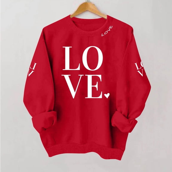 Pxxlle Love Sweatshirts Women Oversized Valentines Day Sweatshirt Long Sleeve Holiday Tops Loose Fit Round Neck Pullovers Red XS