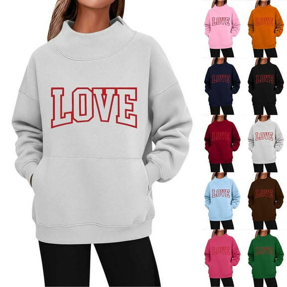 Pxxlle Love Sweatshirts for Women Valentines Day Sweatshirt Oversized High Neck Pullovers with Pockets Long Sleeve Holiday Tops Pink L