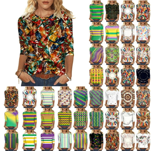 Pxxlle Mardi Gras Shirts Women New Orleans Party Shirts Plus Size 3/4 Sleeve T Shirts Loose Fit Crewneck Fat Tuesday Tops Size S