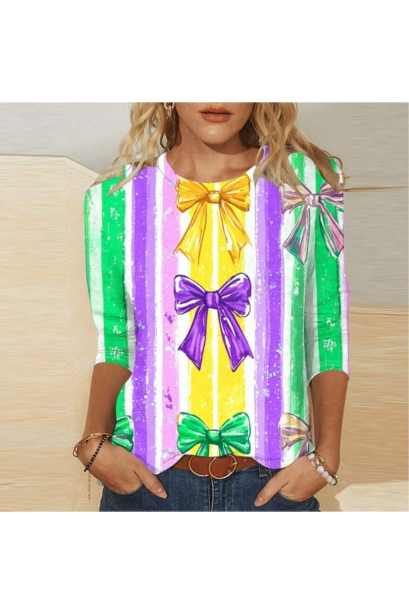 Mardi Gras Shirts Women Plus Size 3/4 Sleeve Fat Tuesday Shirt Mask Graphic Tee Shirts Casual Round Neck New Orleans Party Blouses Size XXL