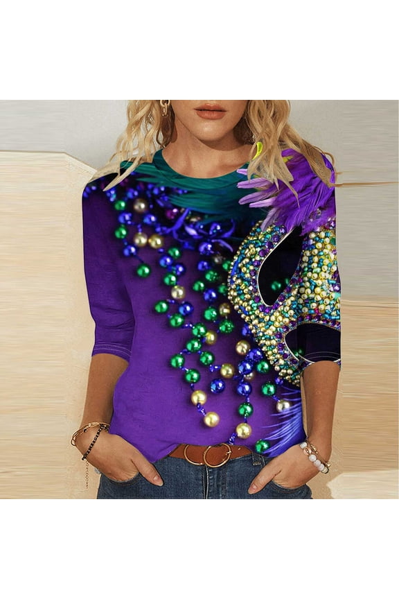 Mardi Gras Shirts Women Plus Size 3/4 Sleeve Fat Tuesday Shirt Mask Graphic Tee Shirts Casual Round Neck New Orleans Party Blouses Size XXL