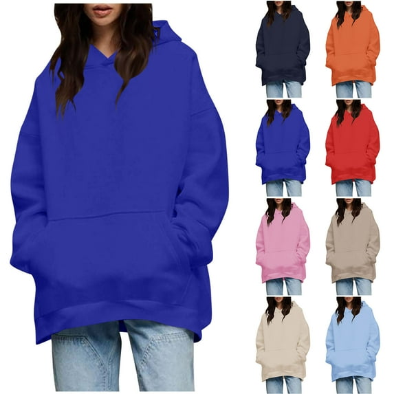 Pxxlle Oversized Hoodies for Women Loose Fitting Drop Shoulder Long Sleeve Hooded Sweatshirts with Pockets Solid Color Long Sweatshirt Navy S