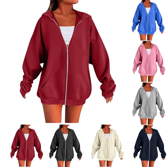 Pxxlle Oversized Hoodies for Women Zip Up Fall Hooded Jackets Loose Fit Long Sleeve Hoodie Sweatshirts with Pockets Solid Color Sweatshirt Wine S