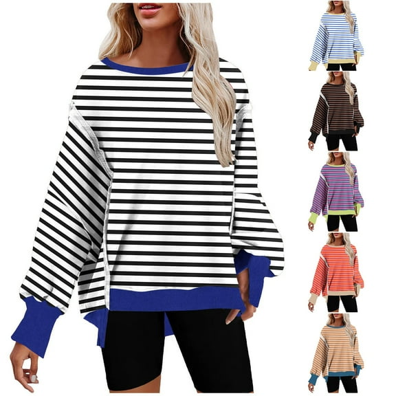 Pxxlle Oversized Sweatshirts for Women Trendy Striped Graphic Pullover Tops Casual Drop Shoulder Long Sleeve Sweatshirt Loose Fit High Low Hem Clothes Blue XL