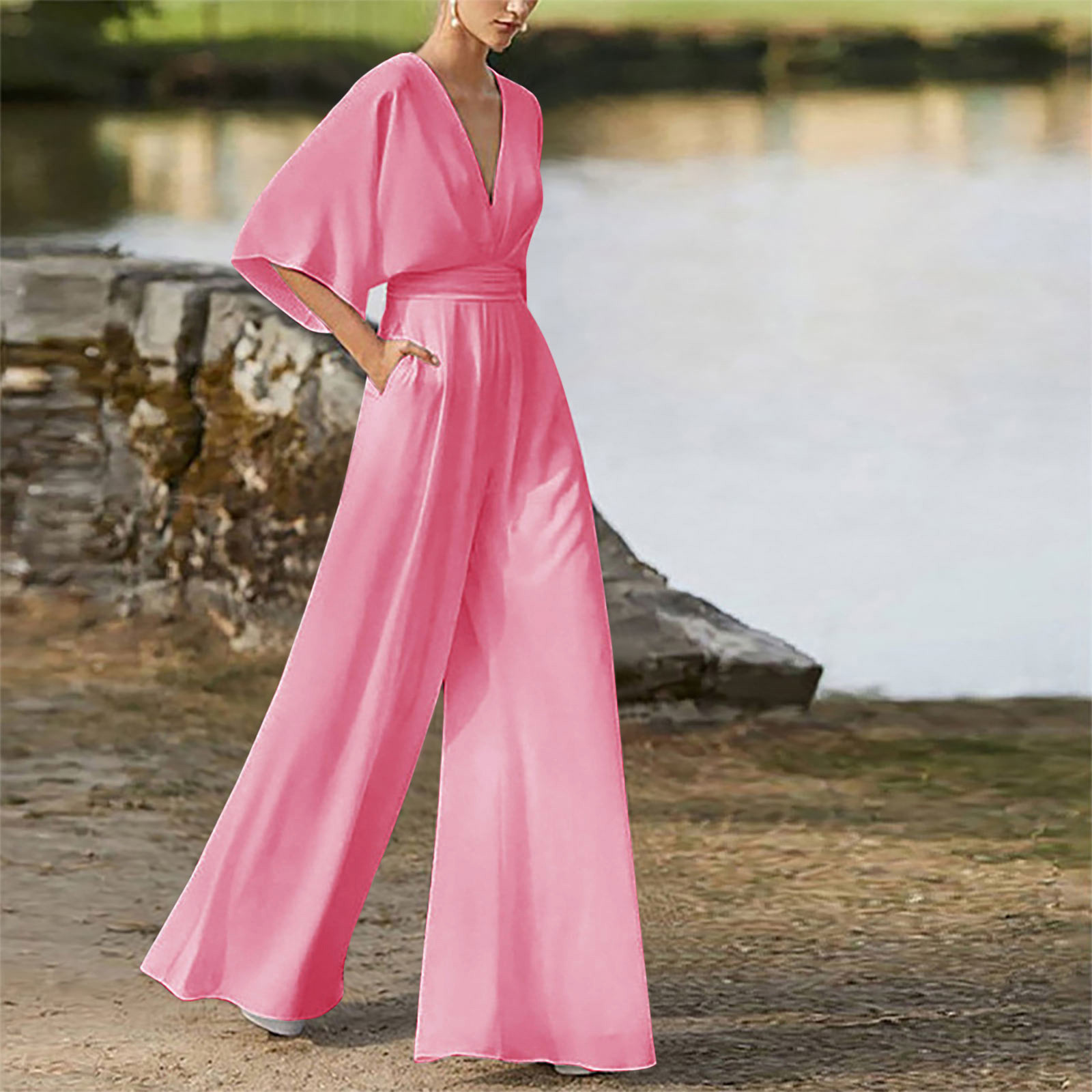 Pxxlle Pink Jumpsuits for Women Casual Bell Sleeve V Neck Rompers Lightweight Palazzo One Piece Outfits Summer Solid Color Beach Jumpsuit Walmart