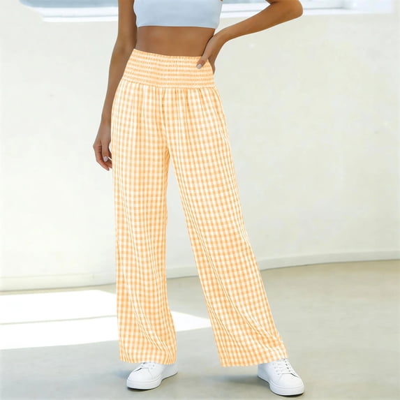 Pxxlle Plaid Pants for Women Smocked High Waisted Lounge Pant Casual Wide Leg Trousers with Pockets Orange S