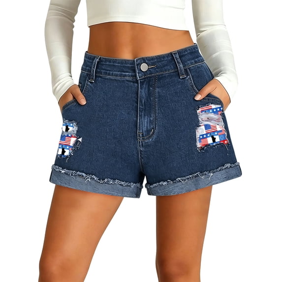 Pxxlle Jean Shorts Women Fourth of July Patriotic Denim Shorts USA Flag Print Shorts High Waisted Summer Vacation Shorts Blue*2 S