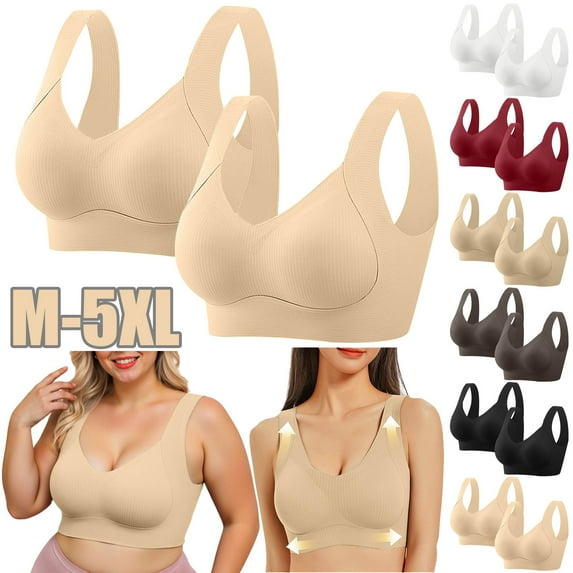 Pxxlle Plus Size Bras for Women Seamless Wireless Bralette Comfort Full Coverage Push Up Everyday Bras Comfortable Supportive Brasieres Pack of 2 XXXXL Black