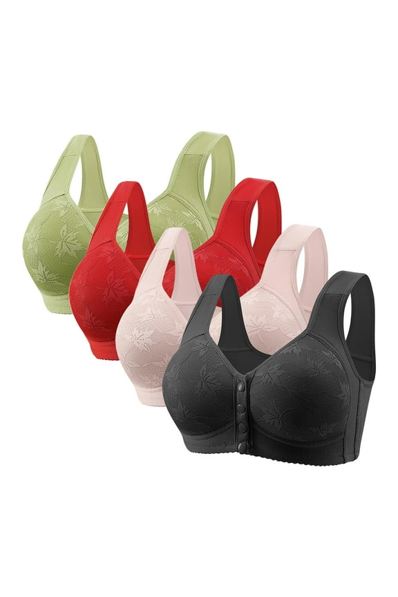 Plus Size Bras for Women Wireless Front Closure Bra for Older Women Comfortable Push Up Bralettes for Big Breast Pack of 4 XL