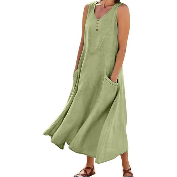 Pxxlle Plus Size Cotton Linen Dress with Pockets for Women Casual Botton Up Scooped Neck Dresses Loose Fit Sleeveless Tank Dress Solid Color Summer Dress