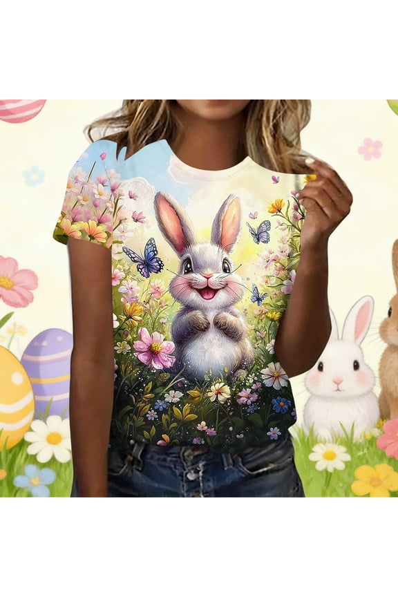 Plus Size Easter T Shirts for Women Cute Easter Rabbit Eggs Graphic Tees Casual Short Sleeve Crewneck Holiday Shirts for Holiday L