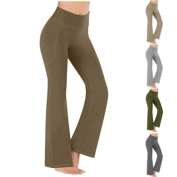 Pxxlle Plus Size Flare Leggings for Women with Pockets Dressy Casual Slacks Solid Color Stretch High Waisted Bootcut Yoga Pants Beige XXXL