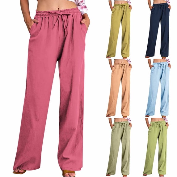 Pxxlle Plus Size Linen Pants Women Dressy Casual Straight Wide Leg Long Pant with Pockets Lightweight Elastic Waisted Drawstring Trousers Green S