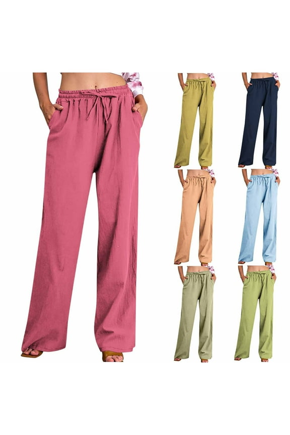 Plus Size Linen Pants Women Dressy Casual Straight Wide Leg Long Pant with Pockets Lightweight Elastic Waisted Drawstring Trousers Navy XL