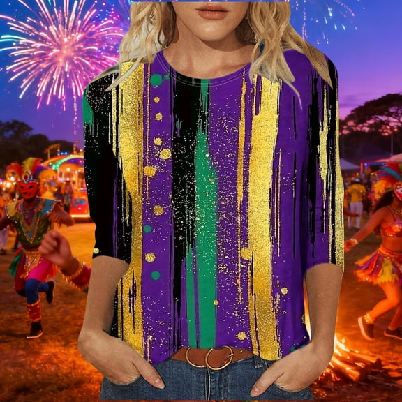 Pxxlle Plus Size Mardi Gras Shirts for Women 3/4 Sleeve Crewneck Blouse Shirt New Orleans Party Blouses Fat Tuesday Blouses Size XXXL