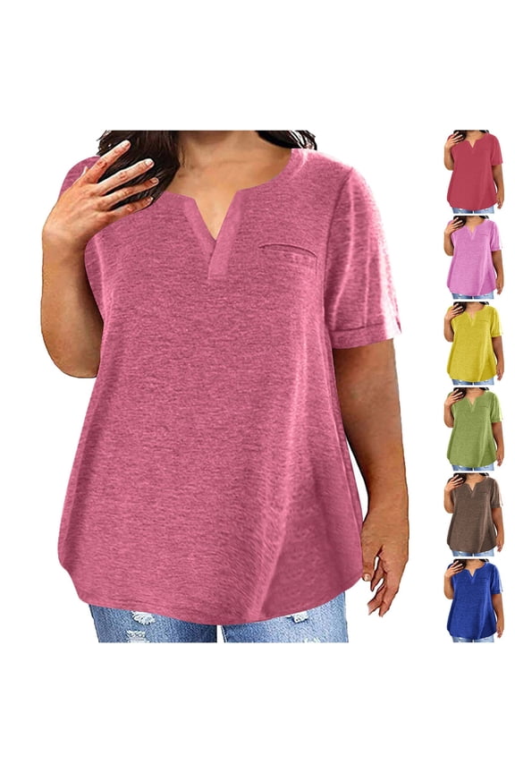 Plus Size Notch Neck Tshirts for Women Loose Fitted Short Sleeve Tunic Tshirt Solid Color Classic Fit Tees for Ladies Blue XXL