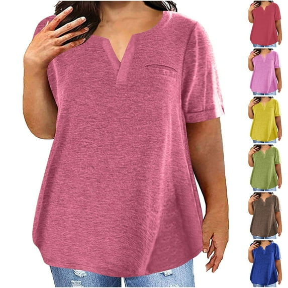 Pxxlle Plus Size Notch Neck Tshirts for Women Loose Fitted Short Sleeve Tunic Tshirt Solid Color Classic Fit Tees for Ladies Pink XL