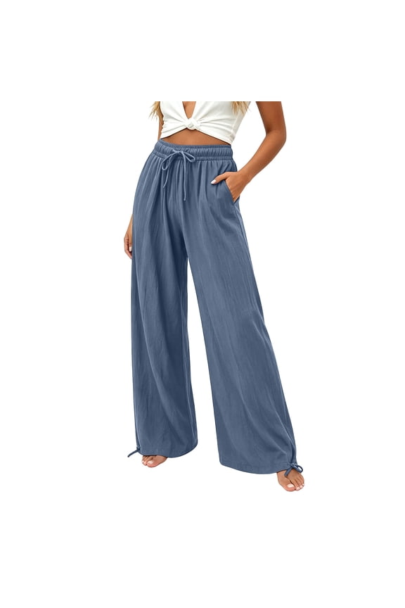 Plus Size Pants for Women Loose Fit Wide Leg Palazzo Pant Solid Color Drawstring Elastic Waisted Trousers with Pockets Gray XXXXL