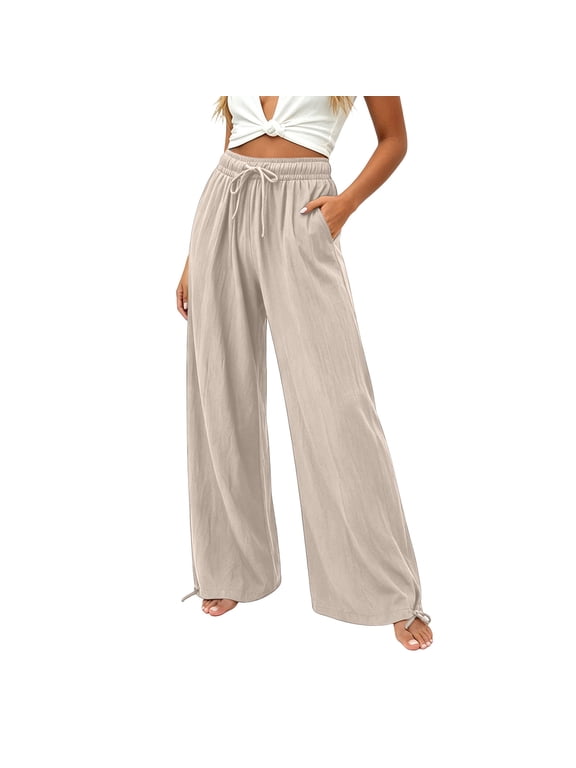 Plus Size Pants for Women Loose Fit Wide Leg Palazzo Pant Solid Color Drawstring Elastic Waisted Trousers with Pockets White M