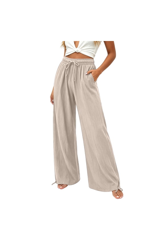 Plus Size Pants for Women Loose Fit Wide Leg Palazzo Pant Solid Color Drawstring Elastic Waisted Trousers with Pockets White XXL