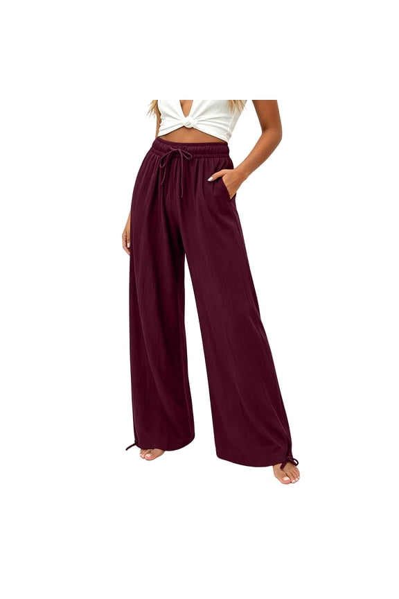 Plus Size Pants for Women Loose Fit Wide Leg Palazzo Pant Solid Color Drawstring Elastic Waisted Trousers with Pockets Wine M
