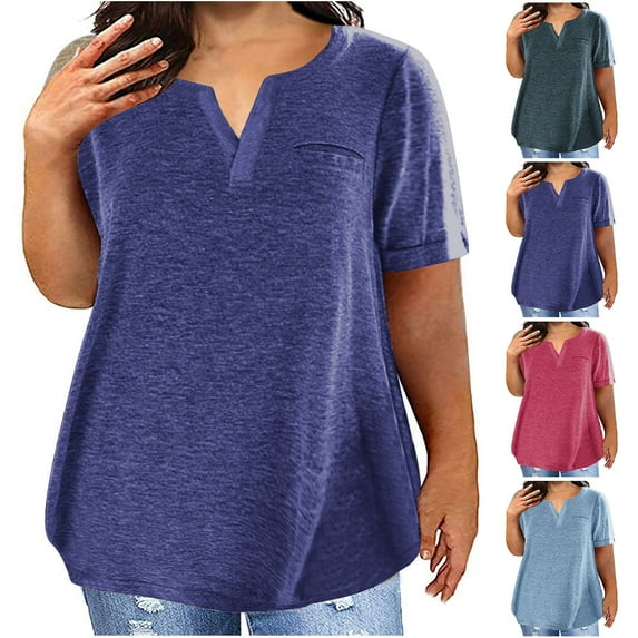 Pxxlle Plus Size Short Sleeve Tees Women Casual Notch V Neck Summer Tshirts Solid Color Basic Tshirt Loose Fitted Ladies Tunic Tops Light Blue XL