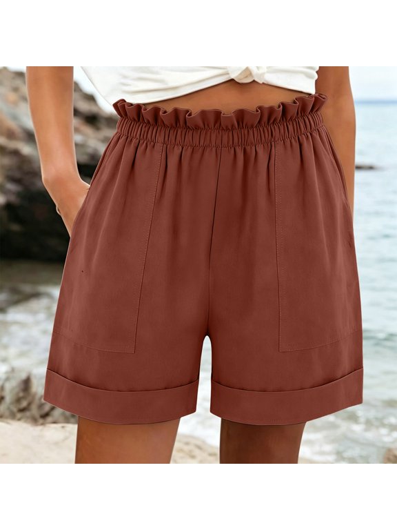 Plus Size Shorts for Women with Pockets Ruffle Elastic Waisted Shorts Summer Casual Wide Leg Beach Vacation Shorts Orange S