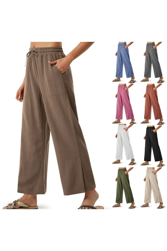 Plus Size Women's Cotton Linen Pants with Pockets Casual Wide Leg Summer Beach Trousers Loose Solid Elastic Waisted Drawstring Pant Dark Gray S