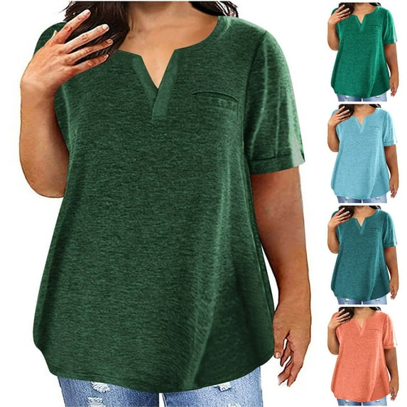 Pxxlle Plus Size Women's Summer Tshirts Loose Fitted Notch Neck Tunic Tshirt Casual Short Sleeve Tees Solid Color Basic Tees for Ladies Orange L