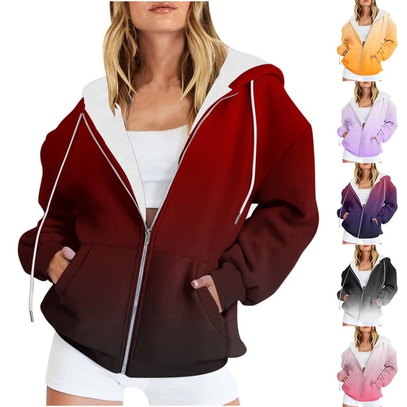 Pxxlle Plus Size Womens Hoodie Zip Up Oversized Hooded Sweatshirts Fashion Gradient Graphic Hoodies Casual Fall Long Sleeve Jacket Coat with Pockets Wine L