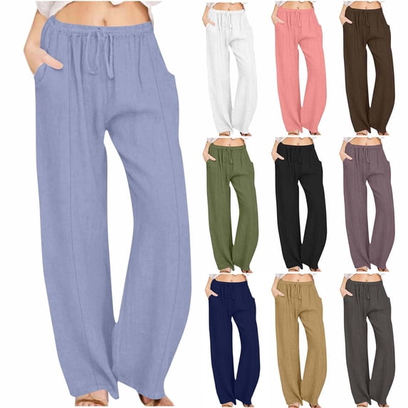 Pxxlle Plus Size Womens Linen Pants Casual High Waisted Drawstring Pant Solid Color Wide Leg Lounge Trousers with Pockets Light Blue L