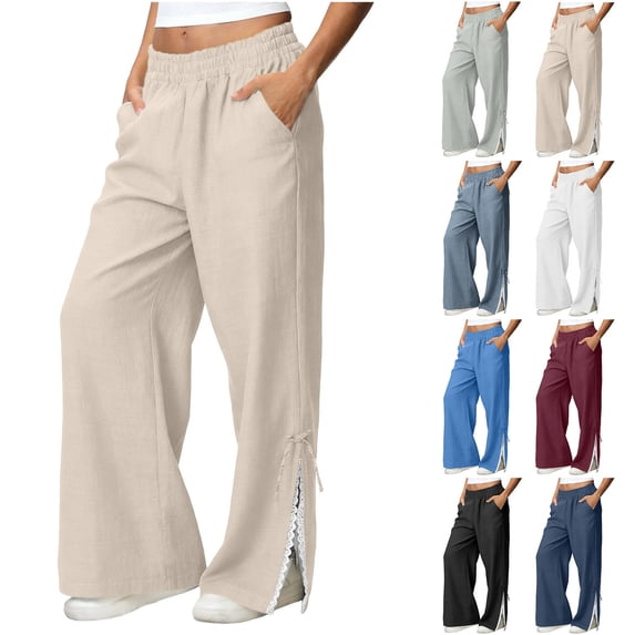 Pxxlle Plus Size Womens Linen Pants Trendy Lace Patchwork Wide Leg Trousers with Pockets Solid Color Elastic High Waisted Long Pant Navy L