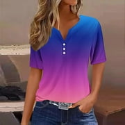 Black_Friday Deals Pxxlle Plus Size Womens Tshirt 3x Casual Short Sleeve Tshirts Loose Fit Button V Neck T Shirts Fashion Gradient Print Tees