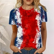 Pxxlle Red White and Blue T Shirts for Women 3D Graphic Independence Day Tees Cozy Short Sleeve Tshirts Casual Crew Neck Tops
