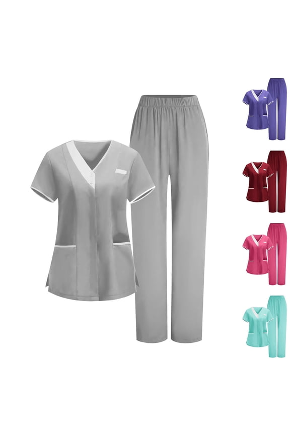 Scrub Sets for Women Plus Size Elastic Waistband Pants and V Neck Short Sleeve Nurse Uniform with Pockets Gray XL