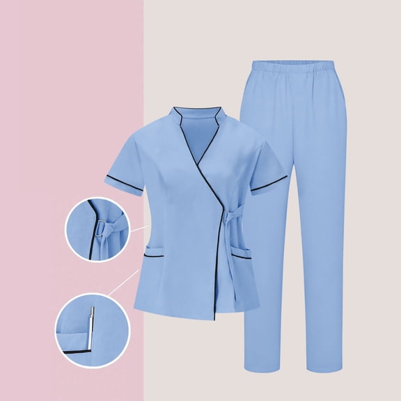 Pxxlle Scrub Sets for Women Plus Size Wrap Short Sleeve Tops and Long Pants Solid Color Medical Nurse Uniform with Pockets Light Blue XXL