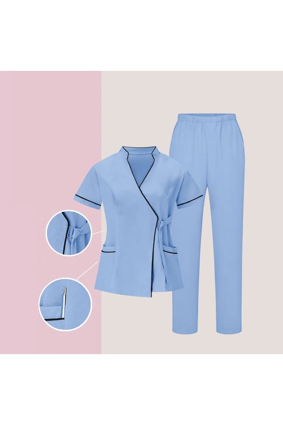 Scrub Sets for Women Plus Size Wrap Short Sleeve Tops and Long Pants Solid Color Medical Nurse Uniform with Pockets Light Blue XXL