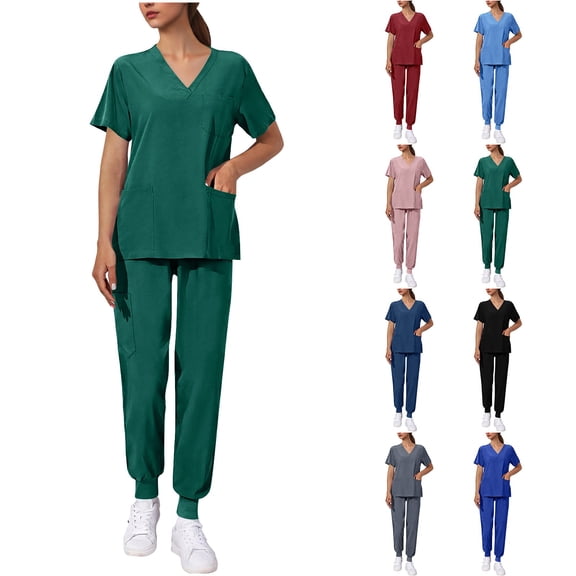 Pxxlle Scrubs for Women Set Jogger Pants and V Neck Short Sleeve Scrub Tops Solid Color Nursing Uniform with Pockets Light Blue L