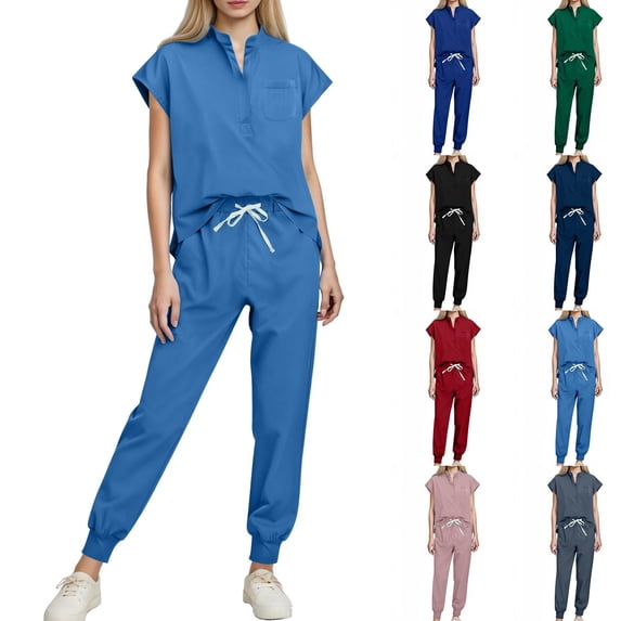 Pxxlle Scrubs for Women Set Loose Fit Nurse Uniform Drawstring Jogger Pants and Cap Sleeve V Neck Tops with Pockets Red S