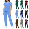 thumbnail image 1 of Pxxlle Scrubs for Women Set Loose Fit V Neck Nursing Uniform Comfy Drawstring High Waistband Pants Solid Color Medical Workwear Brown S, 1 of 9