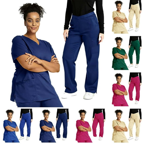 Pxxlle Scrubs for Women Set Loose Short Sleeve V Neck Scrub and Pants Solid Color Medical Nursing Workwear Navy XXL