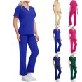 thumbnail image 1 of Pxxlle Scrubs for Women Set with Multi Pockets V Neck Short Sleeve Tops and Wide Leg Drawstring Pants Loose Fit Nursing Uniform Beige M, 1 of 5