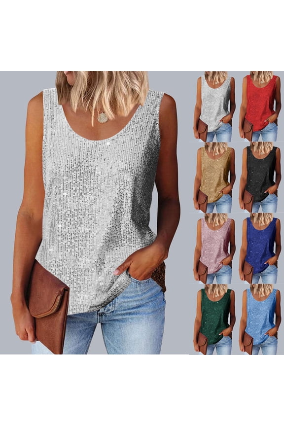 Sequin Tank Tops for Women Plus Size Sparkly Glitter Round Neck Party Shirts Loose Fit Sleeveless Night Club Tops Green XL