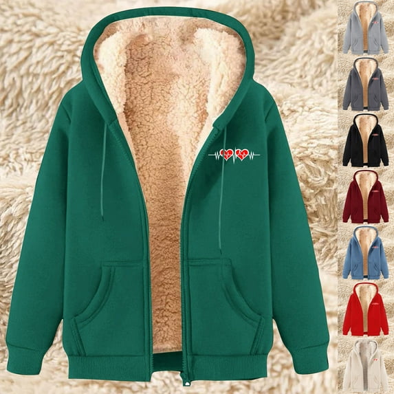 Pxxlle Sherpa Fleece Lined Hoodie Jacket Womens Full Zip Hooded Jackets Trendy Heart Graphic Hoodies Comfy Long Sleeve Winter Sweatshirts with Pockets Beige M