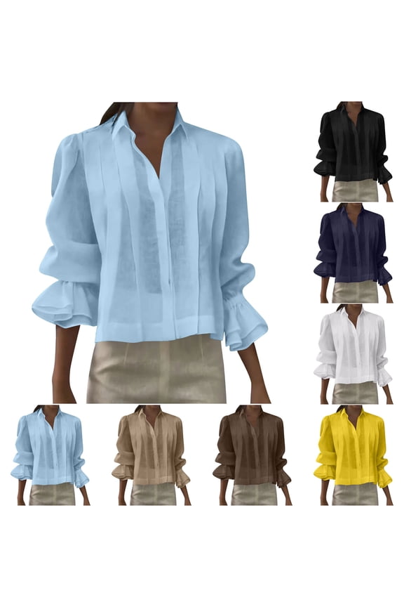Shirts for Women Dressy Casual Pleated Shirts Elegant Puff Long Sleeve Business Office Blouses Solid Color V Neck Lapel Tunic Tops Yellow XXL
