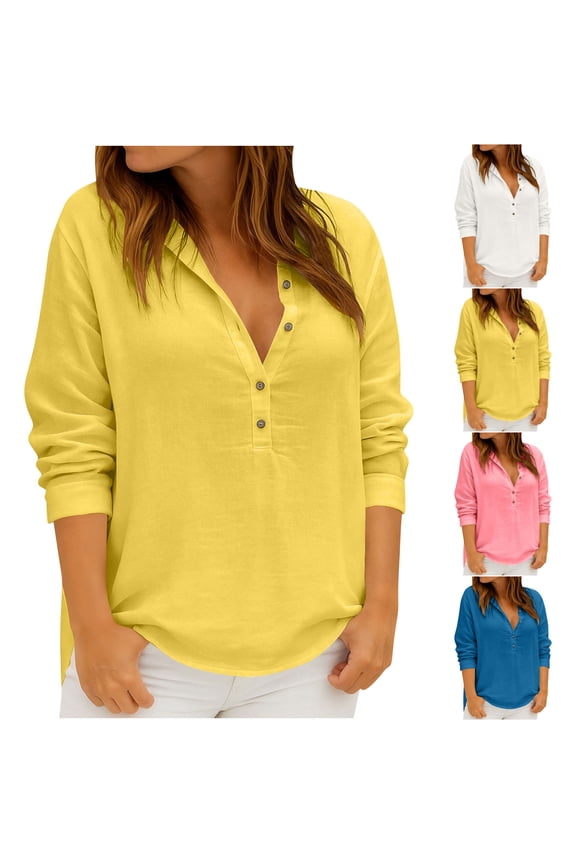 Shirts for Women Plus Size Cotton Linen Shirt Loose Fit Button Up Blouses Solid Color Long Sleeve Lapel Tops Yellow XXXL